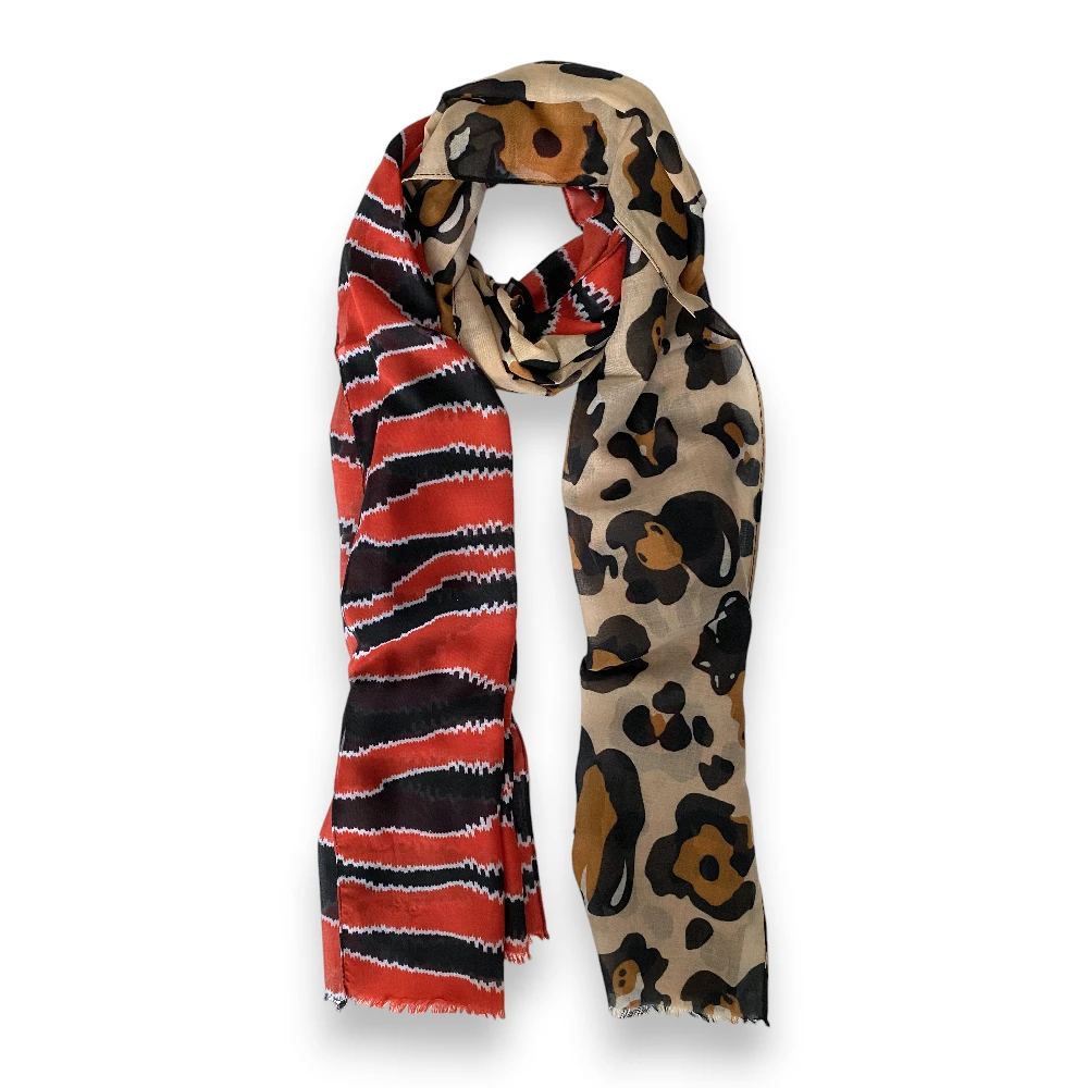 Zebra ve Leopar Desen Çift Renk Pamuklu Şal
